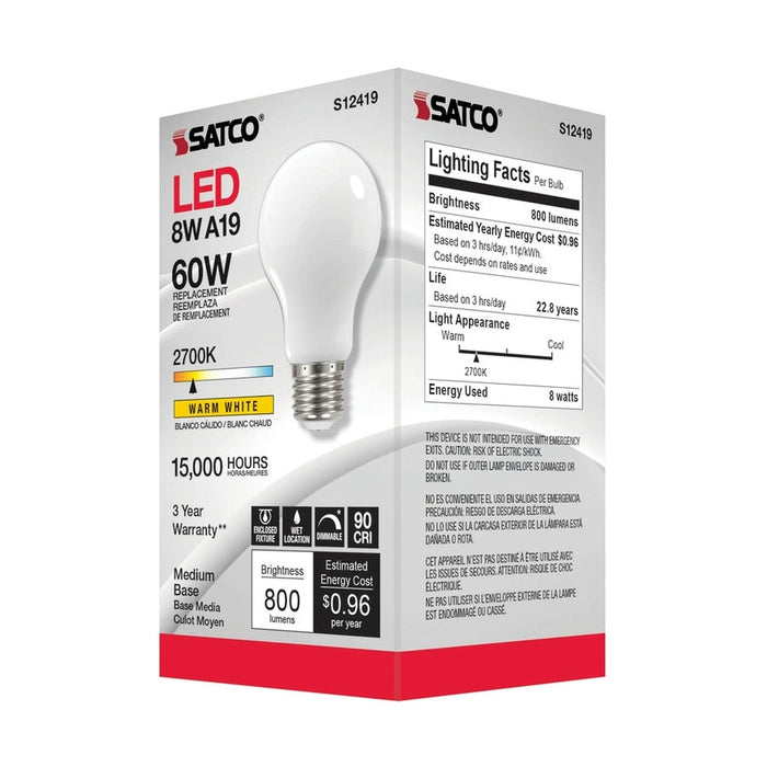 SATCO 8.2 Watt LED A19 - Soft White - Medium Base - 2700K - 90 CRI - 120 Volt S12419