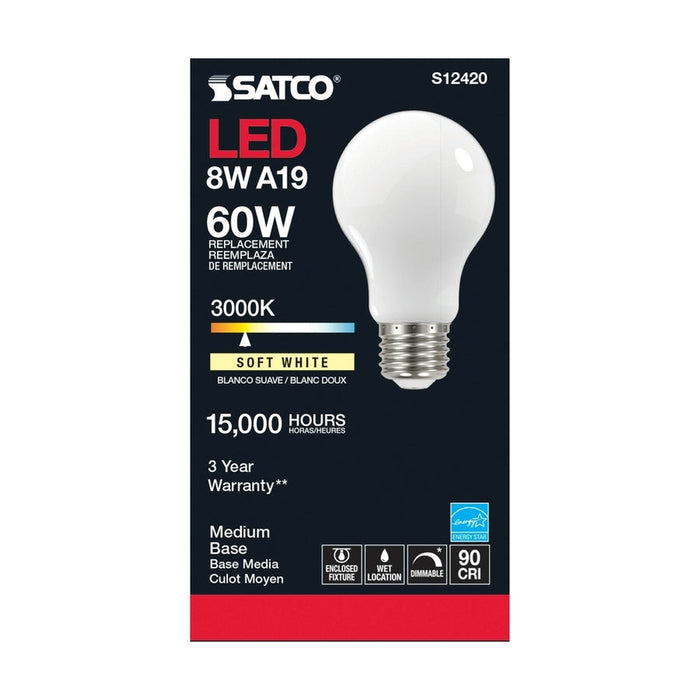 SATCO 8.2 Watt LED A19 - Soft White - Medium Base - 3000K - 90 CRI - 120 Volt S12420