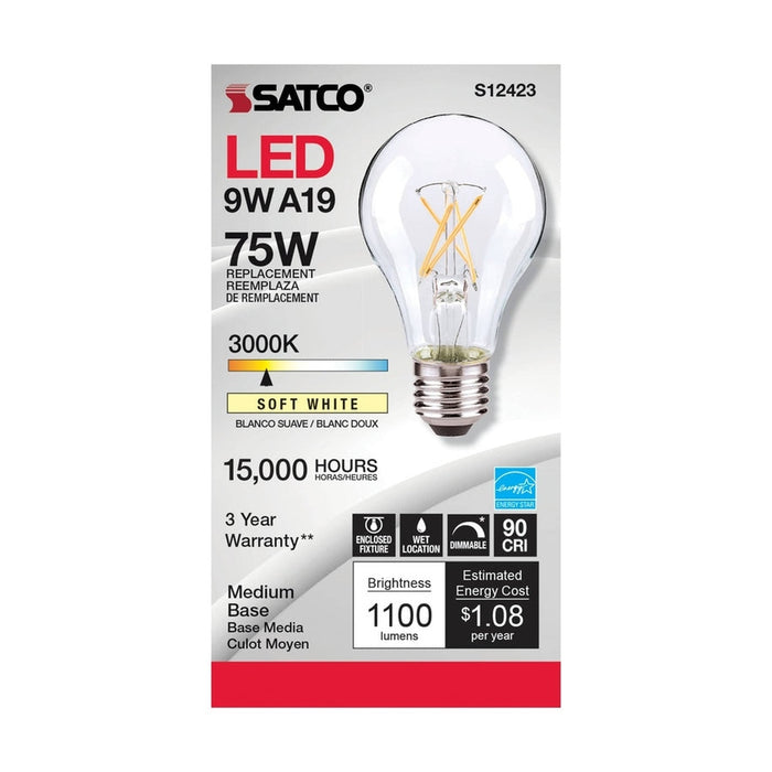 SATCO 10.5 Watt LED A19 - Clear - Medium Base - 3000K - 90 CRI - 120 Volt S12423