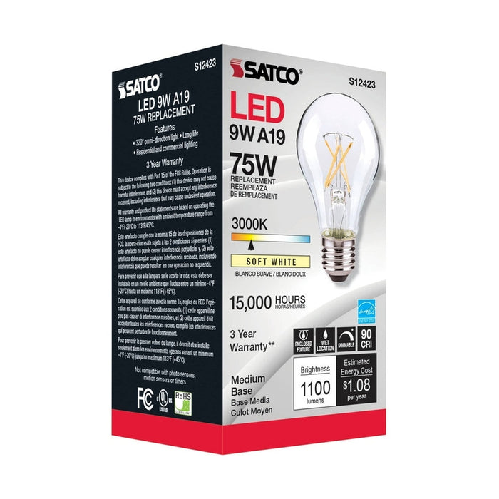 SATCO 10.5 Watt LED A19 - Clear - Medium Base - 3000K - 90 CRI - 120 Volt S12423