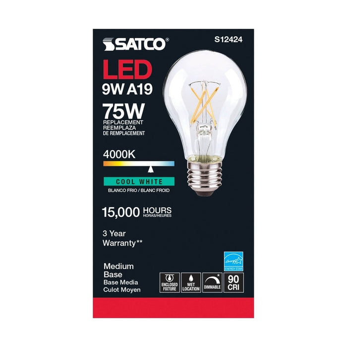 SATCO 10.5 Watt LED A19 - Clear - Medium Base - 4000K - 90 CRI - 120 Volt S12424