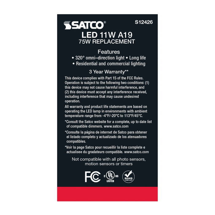 11 Watt LED A19 - Soft White - Medium Base - 2700K - 90 CRI - 120 Volt -  6 Pack