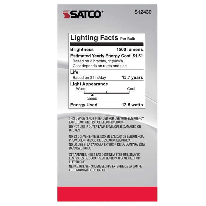 SATCO 12.5 Watt LED A19 - Clear - Medium Base - 3000K - 90 CRI - 120 Volt S12430