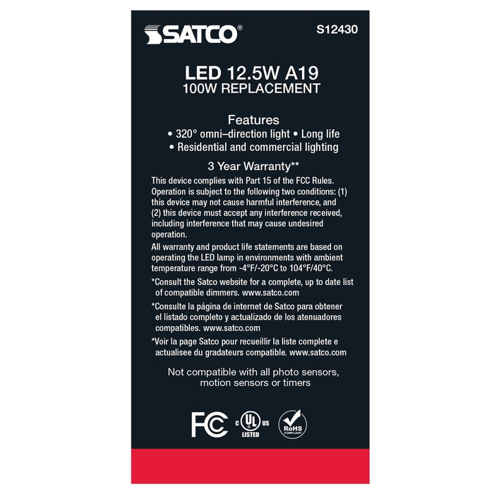 SATCO 12.5 Watt LED A19 - Clear - Medium Base - 3000K - 90 CRI - 120 Volt S12430