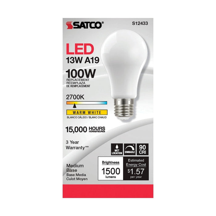 SATCO 13.5 Watt LED A19 - Soft White - Medium Base - 2700K - 90 CRI - 120 Volt S12433