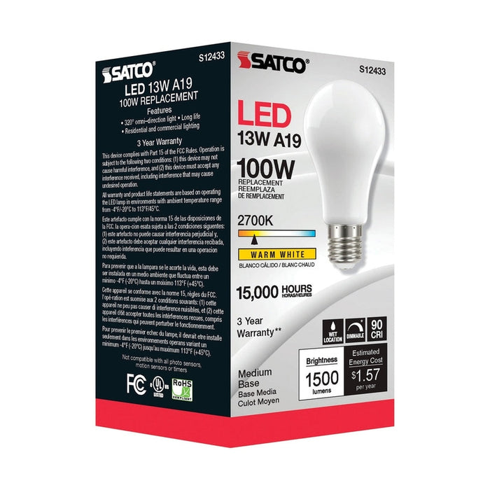 SATCO 13.5 Watt LED A19 - Soft White - Medium Base - 2700K - 90 CRI - 120 Volt S12433