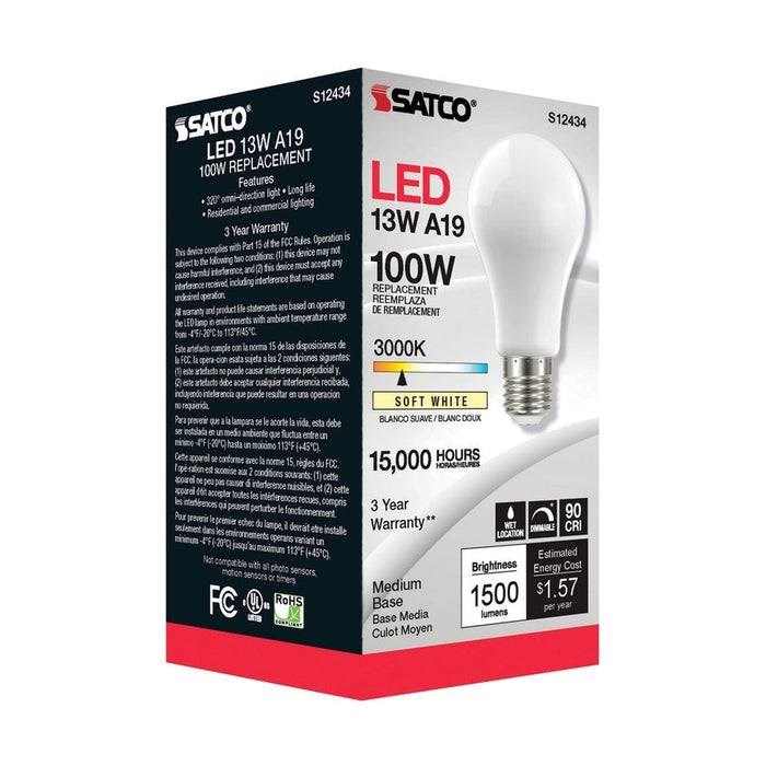 SATCO 13.5 Watt LED A19 - Soft White - Medium Base - 3000K - 90 CRI - 120 Volt S12434