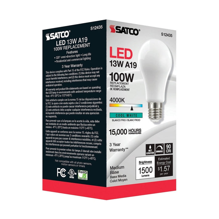 SATCO 13.5 Watt LED A19 - Soft White - Medium Base - 4000K - 90 CRI - 120 Volt S12435