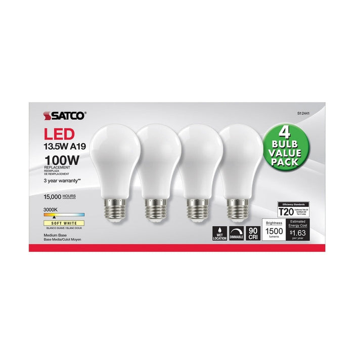 SATCO 13.5 Watt A19 LED - 100 Watt Replacement - Soft White - Medium base - 3000K - 120 Volt - 4-Pack S12441