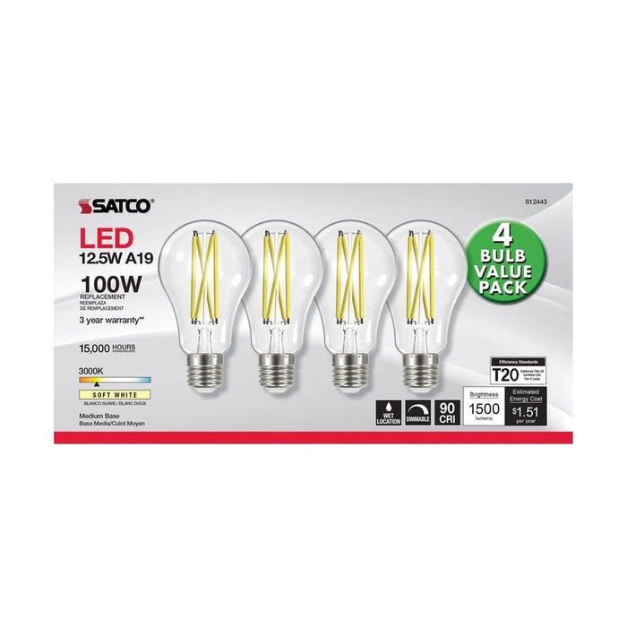 SATCO 12.5 Watt A19 LED - 100 Watt Replacement - Clear - Medium base - 3000K - 120 Volt - 4-Pack S12443