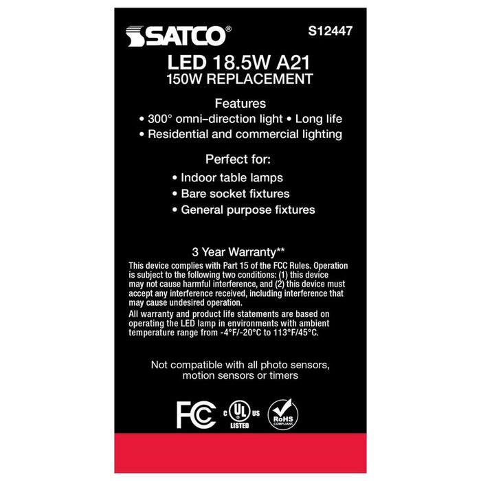 SATCO 18.5 Watt - A21 LED - Frost Finish - Medium base - 3000K - 120 Volt S12447