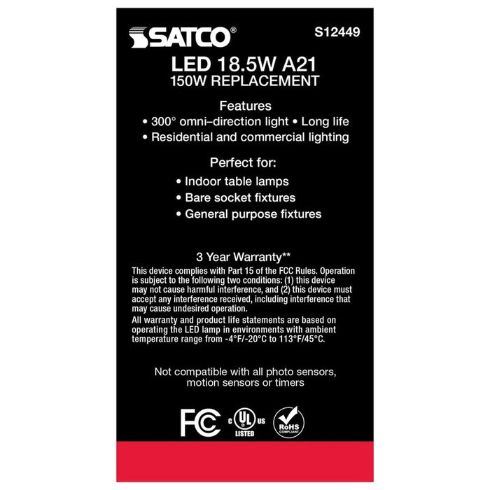 SATCO 18.5 Watt - A21 LED - Frost Finish - Medium base - 5000K - 120 Volt S12449