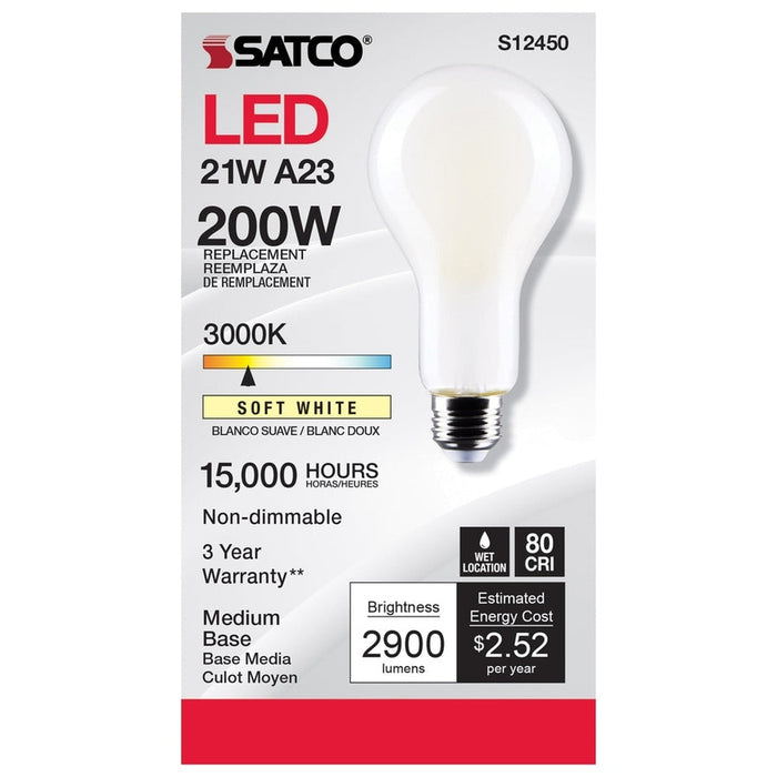 SATCO 21 Watt - A23 LED - Frost Finish - Medium base - 3000K - 120 Volt S12450