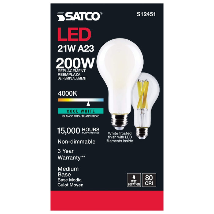 SATCO 21 Watt - A23 LED - Frost Finish - Medium base - 4000K - 120 Volt S12451