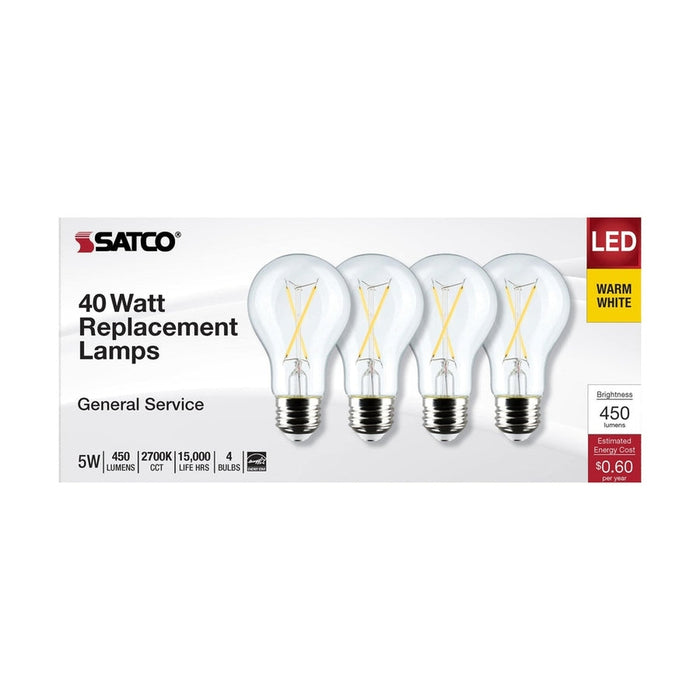 SATCO 5 Watt A19 LED - Clear - 2700K - Medium Base - 120 Volt - 4-Pack S12460