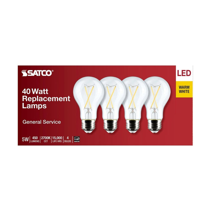 SATCO 5 Watt A19 LED - Clear - 2700K - Medium Base - 120 Volt - 4-Pack S12460