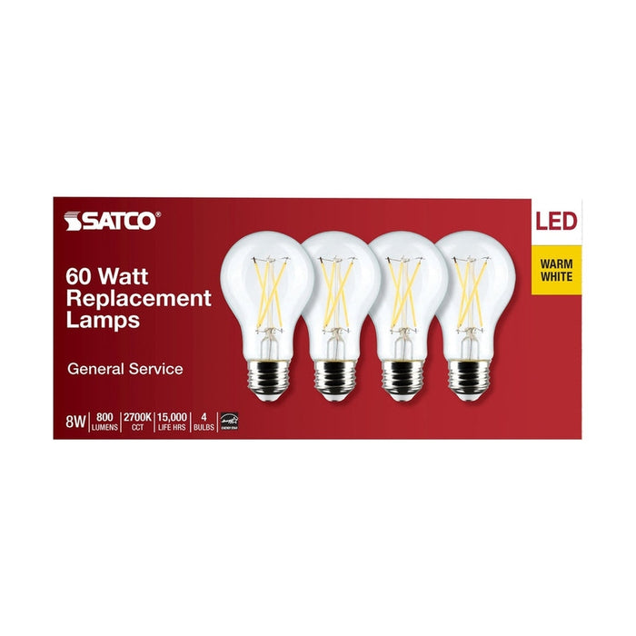 SATCO 8 Watt A19 LED - Clear - 2700K - Medium Base - 120 Volt - 4-Pack S12462