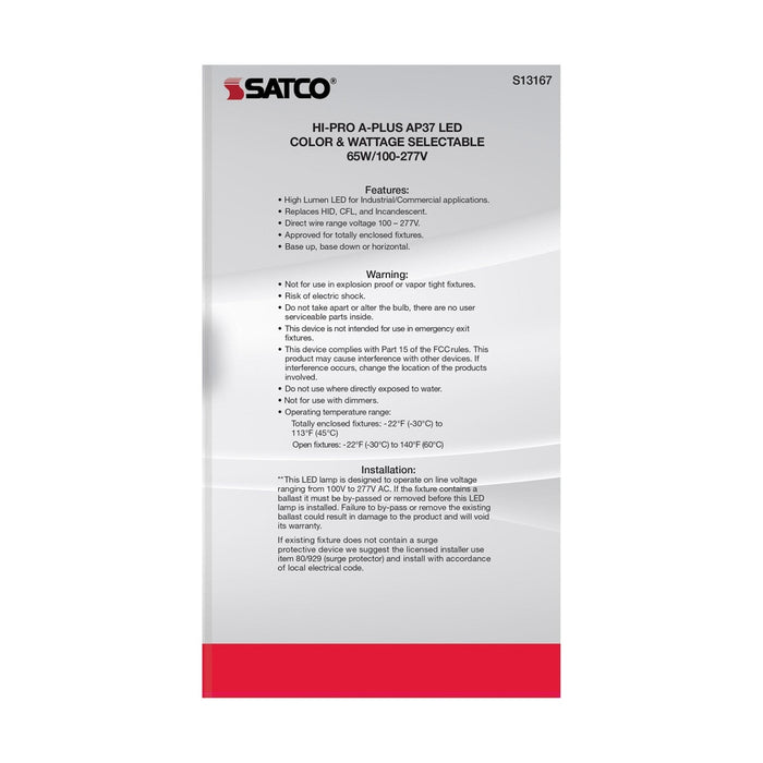 A-Plus 65 Watt - A-Plus 37 - LED - CCT Selectable and Wattage Selectable - Extended Mogul base - Type B - Ballast Bypass - ColorQuick Technology - PowerQuick Technology S13167