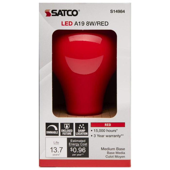 8 Watt A19 LED - Ceramic Red - Medium base - 360 deg. Beam Angle - 120 Volt - 6-Pack