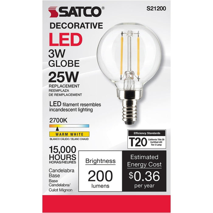 SATCO 3 Watt G16.5 LED - Clear - Candelabra base - 90 CRI - 2700K - 120 Volt S21200