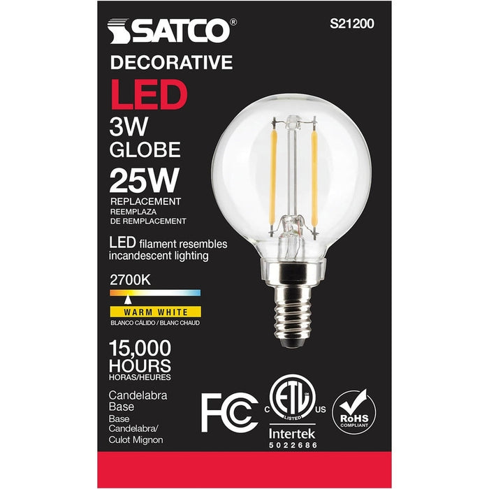 SATCO 3 Watt G16.5 LED - Clear - Candelabra base - 90 CRI - 2700K - 120 Volt S21200