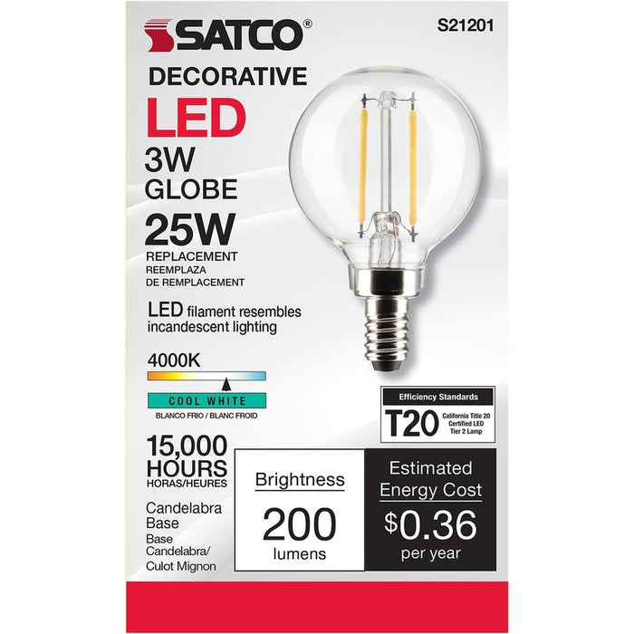 SATCO 3 Watt G16.5 LED - Clear - Candelabra base - 90 CRI - 4000K - 120 Volt S21201