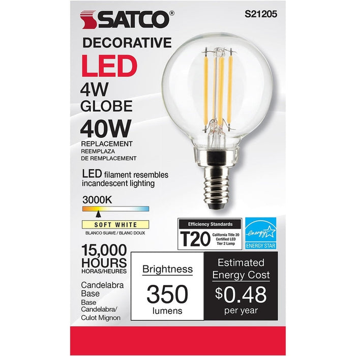 SATCO 4 Watt G16.5 LED - Clear - Candelabra base - 90 CRI - 3000K - 120 Volt S21205