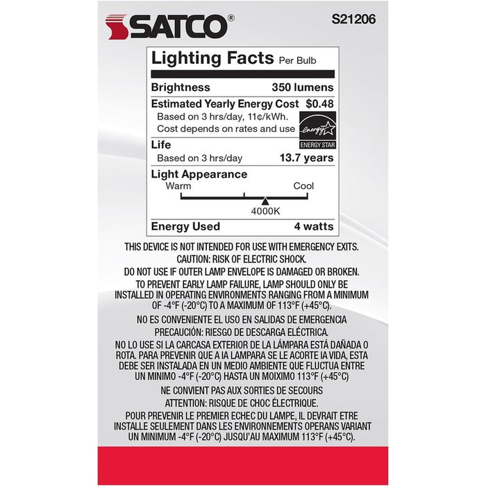 SATCO 4 Watt G16.5 LED - Clear - Candelabra base - 90 CRI - 4000K - 120 Volt S21206