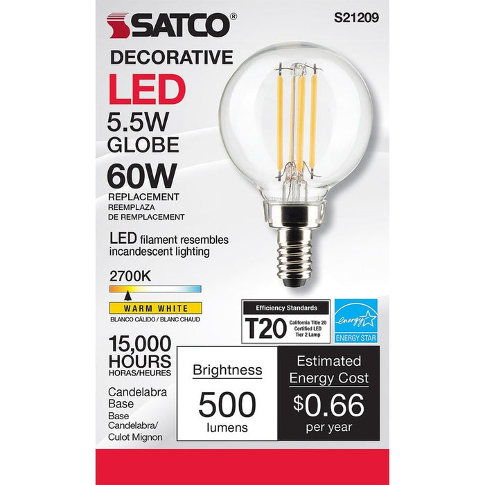 SATCO 5.5 Watt G16.5 LED - Clear - Candelabra base - 90 CRI - 2700K - 120 Volt S21209