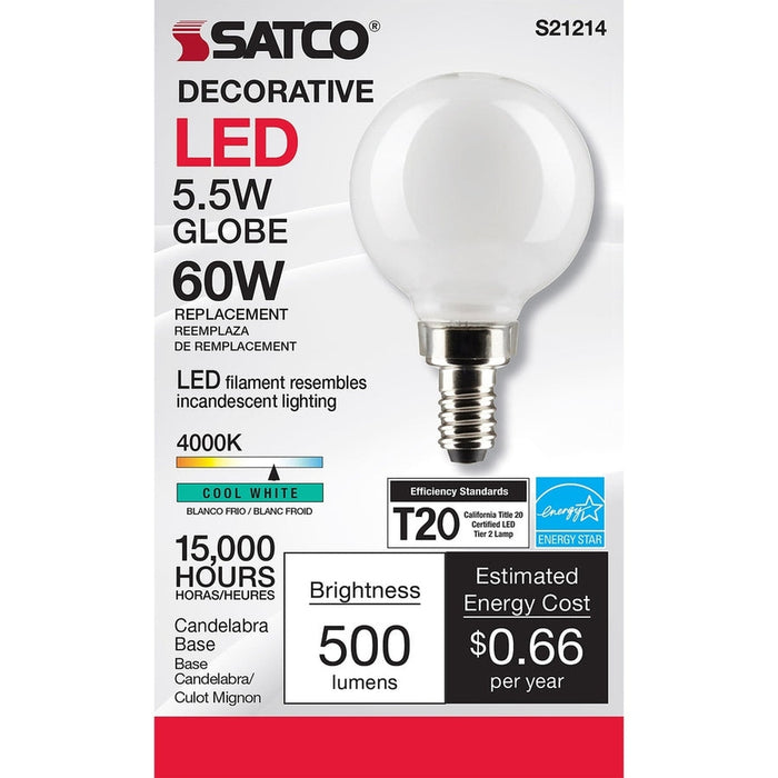 SATCO 5.5 Watt G16.5 LED - White - Candelabra base - 90 CRI - 4000K - 120 Volt S21214