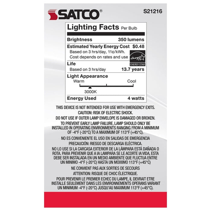 SATCO 4 Watt G16.5 LED - Clear - Medium base - 90 CRI - 3000K - 120 Volt S21216