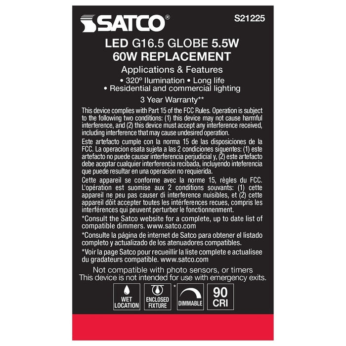 SATCO 5.5 Watt G16.5 LED - White - Medium base - 90 CRI - 4000K - 120 Volt S21225