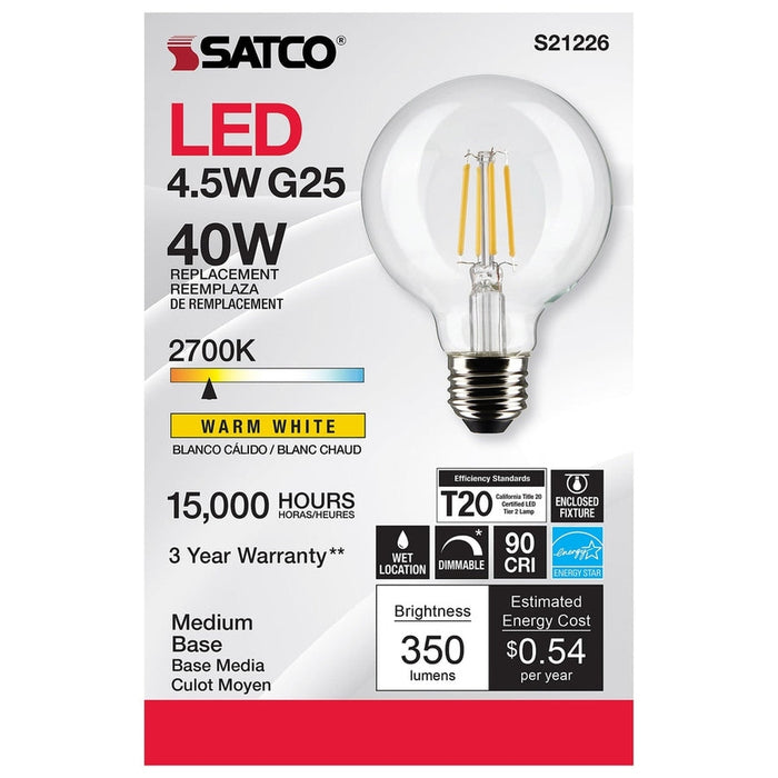 SATCO 4.5 Watt G25 LED - Clear - Medium base - 90 CRI - 2700K - 120 Volt S21226