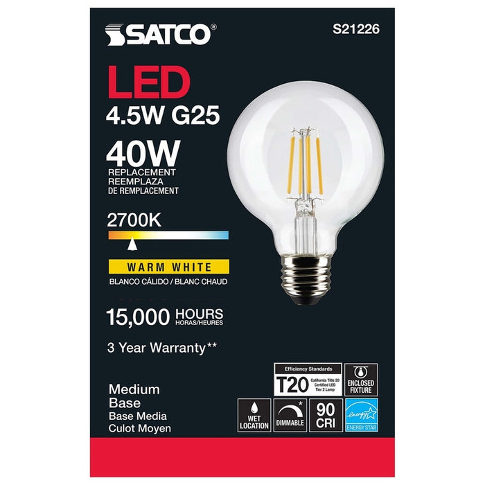 SATCO 4.5 Watt G25 LED - Clear - Medium base - 90 CRI - 2700K - 120 Volt S21226