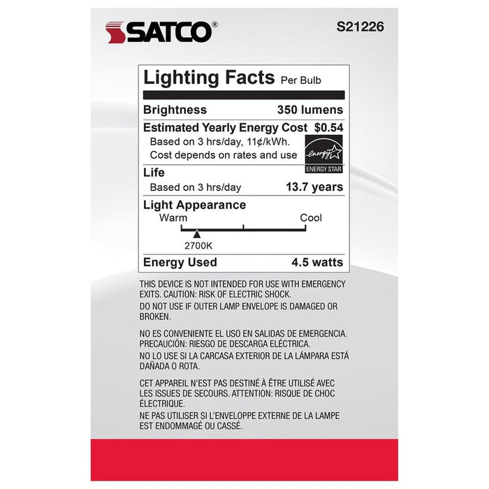 SATCO 4.5 Watt G25 LED - Clear - Medium base - 90 CRI - 2700K - 120 Volt S21226