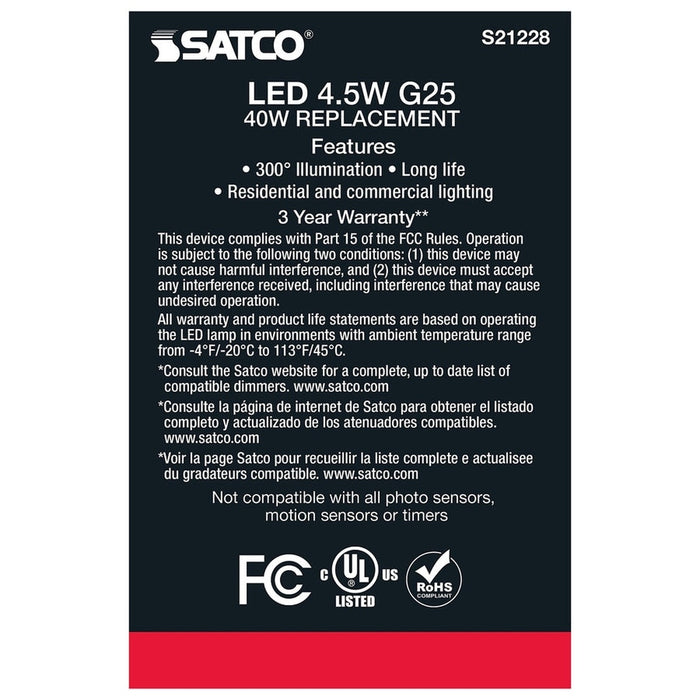 SATCO 4.5 Watt G25 LED - Clear - Medium base - 90 CRI - 4000K - 120 Volt S21228