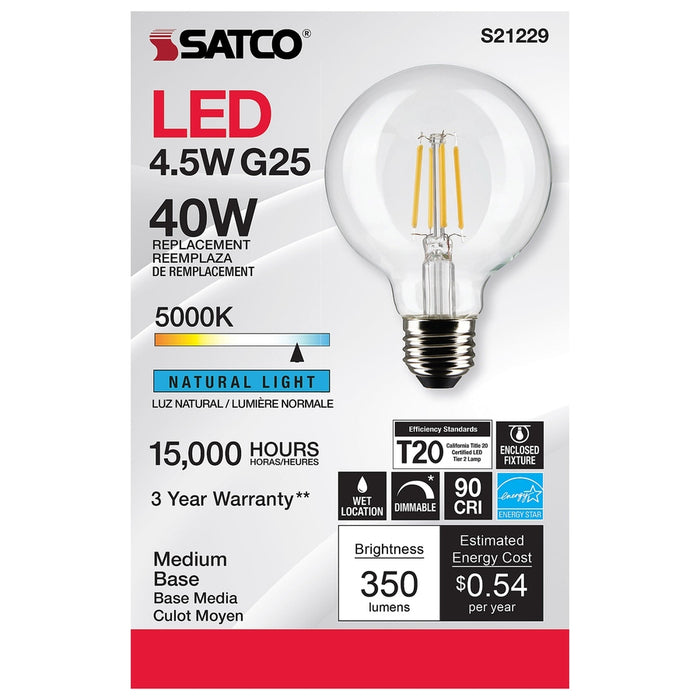 SATCO 4.5 Watt G25 LED - Clear - Medium base - 90 CRI - 5000K - 120 Volt S21229