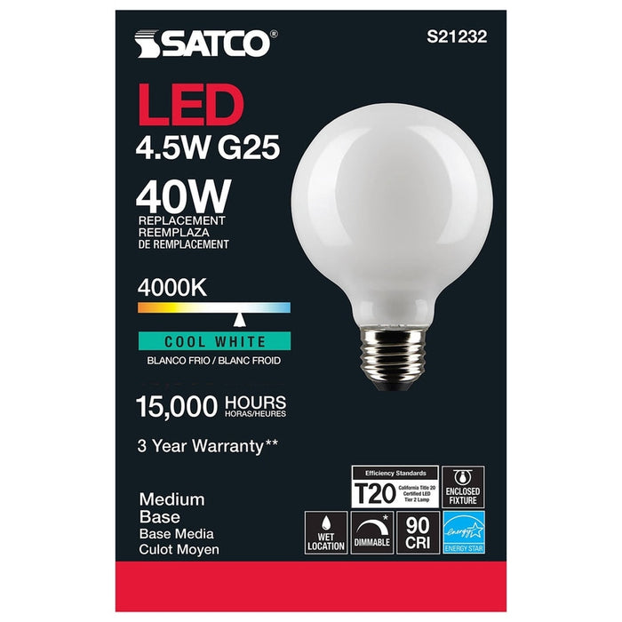 SATCO 4.5 Watt G25 LED - White - Medium base - 90 CRI - 4000K - 120 Volt S21232