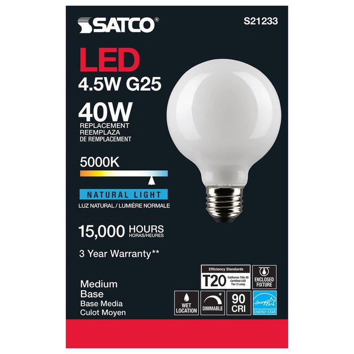 SATCO 4.5 Watt G25 LED - White - Medium base - 90 CRI - 5000K - 120 Volt S21233