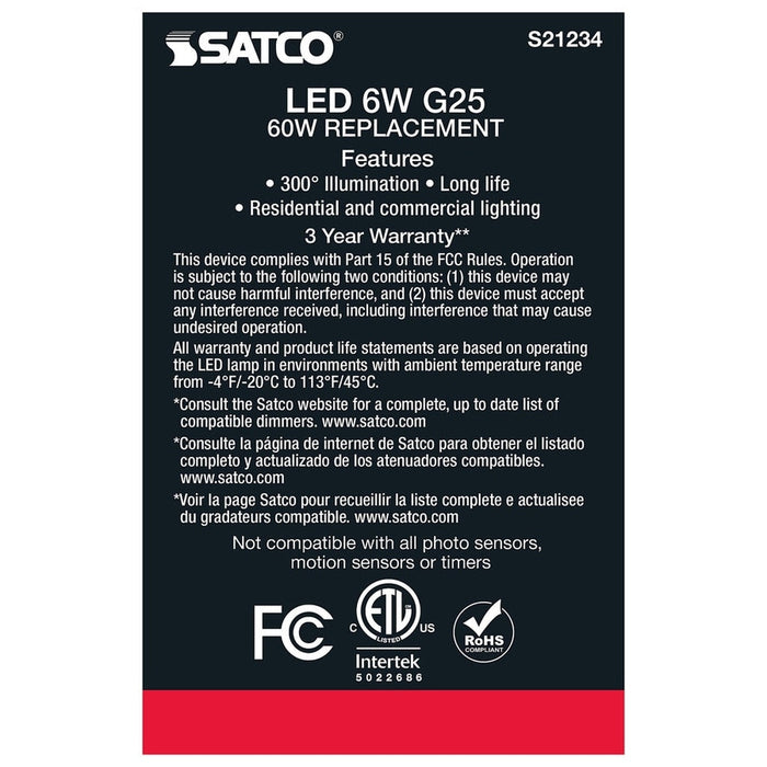 SATCO 6 Watt G25 LED - Clear - Medium base - 90 CRI - 2700K - 120 Volt S21234