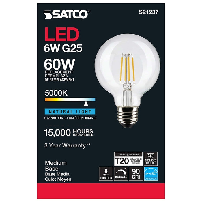 SATCO 6 Watt G25 LED - Clear - Medium base - 90 CRI - 5000K - 120 Volt S21237