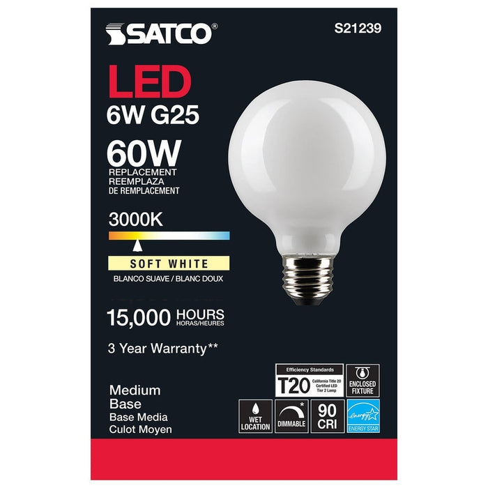 SATCO 6 Watt G25 LED - White - Medium base - 90 CRI - 3000K - 120 Volt S21239