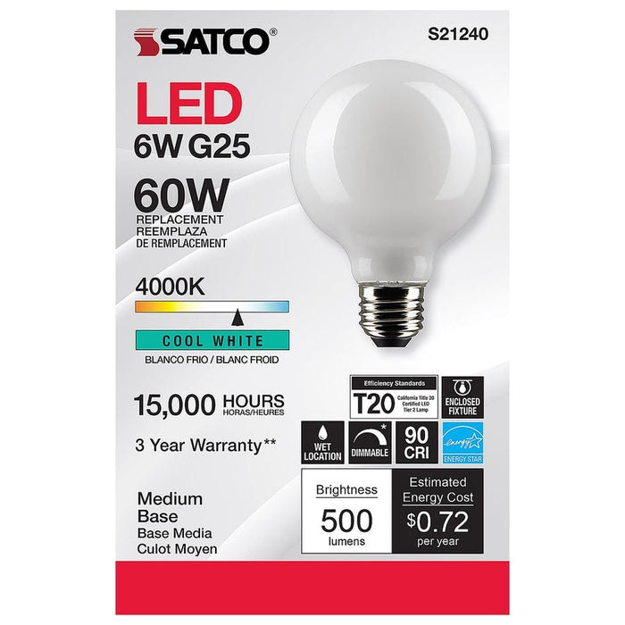 SATCO 6 Watt G25 LED - White - Medium base - 90 CRI - 4000K - 120 Volt S21240