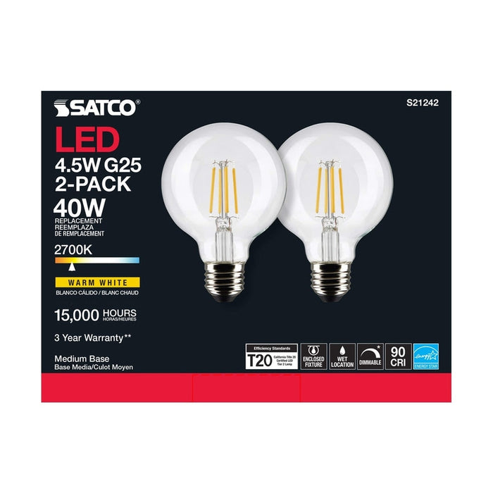 SATCO 4.5 Watt G25 LED - Clear - Medium base - 90 CRI - 2700K - 120 Volt - 2 Pack S21242