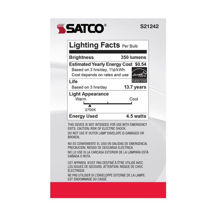 SATCO 4.5 Watt G25 LED - Clear - Medium base - 90 CRI - 2700K - 120 Volt - 2 Pack S21242