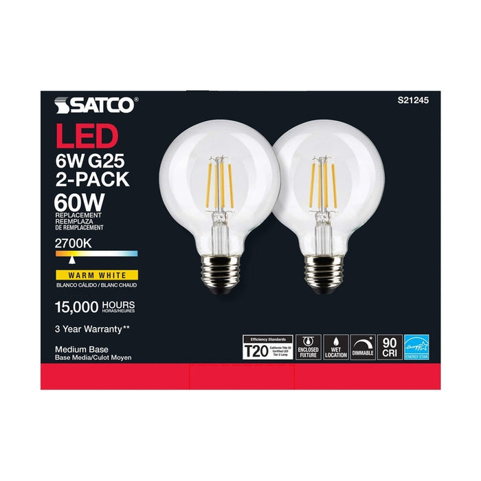 SATCO 6 Watt G25 LED - Clear - Medium base - 90 CRI - 2700K - 120 Volt - 2 Pack S21245