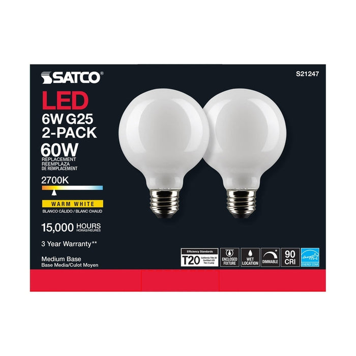 SATCO 6 Watt G25 LED - White - Medium base - 90 CRI - 2700K - 120 Volt - 2 Pack S21247