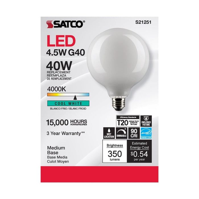 SATCO 4.5 Watt G40 LED - White - Medium base - 90 CRI - 4000K - 120 Volt S21251