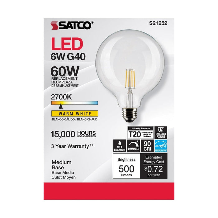 SATCO 6 Watt G40 LED - Clear - Medium base - 90 CRI - 2700K - 120 Volt S21252