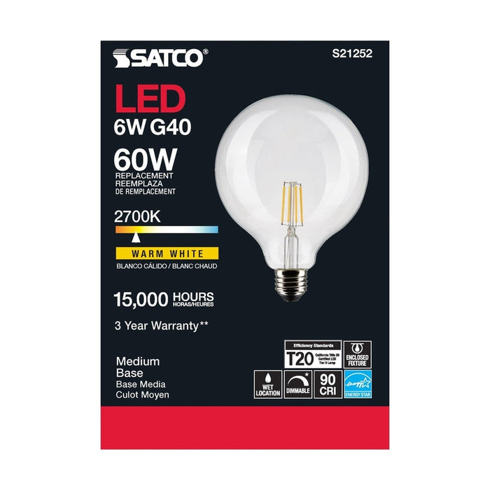 SATCO 6 Watt G40 LED - Clear - Medium base - 90 CRI - 2700K - 120 Volt S21252